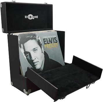 Retro musique 12" Vinyl Record Storage Case with Unique Folding Front Flap for Better Access to Your LPs,Holds up to 35 LPs, Includes 40 Vinyl Record Outer Sleeves Black