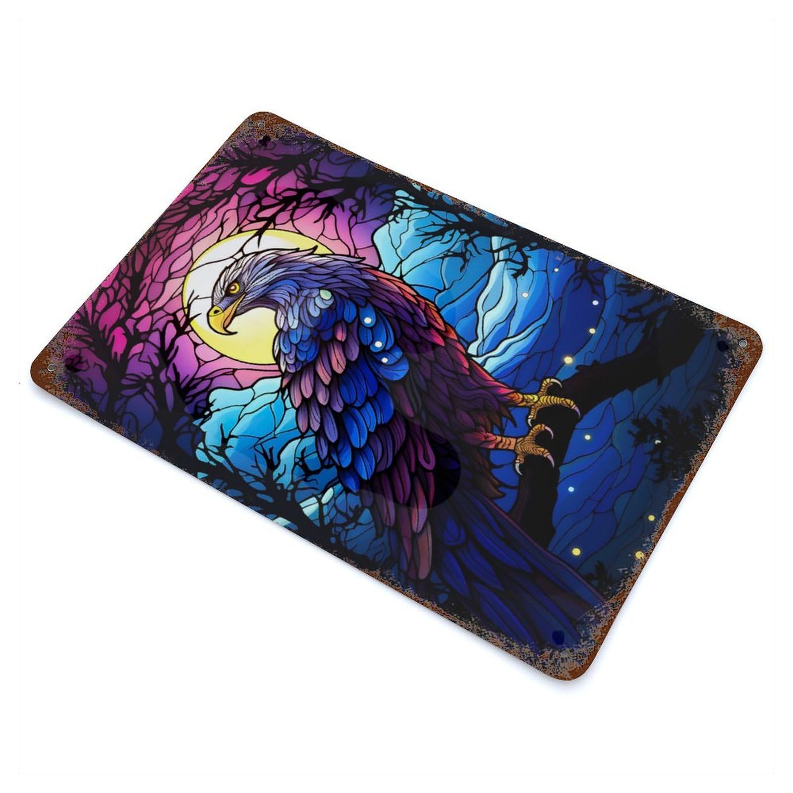 Weathered Tin Sign with Eagle Colorful Staind Gl Design 11.8"x7.9", for Basement, Hobby Room And Garage Decor, Industrial Home Decor