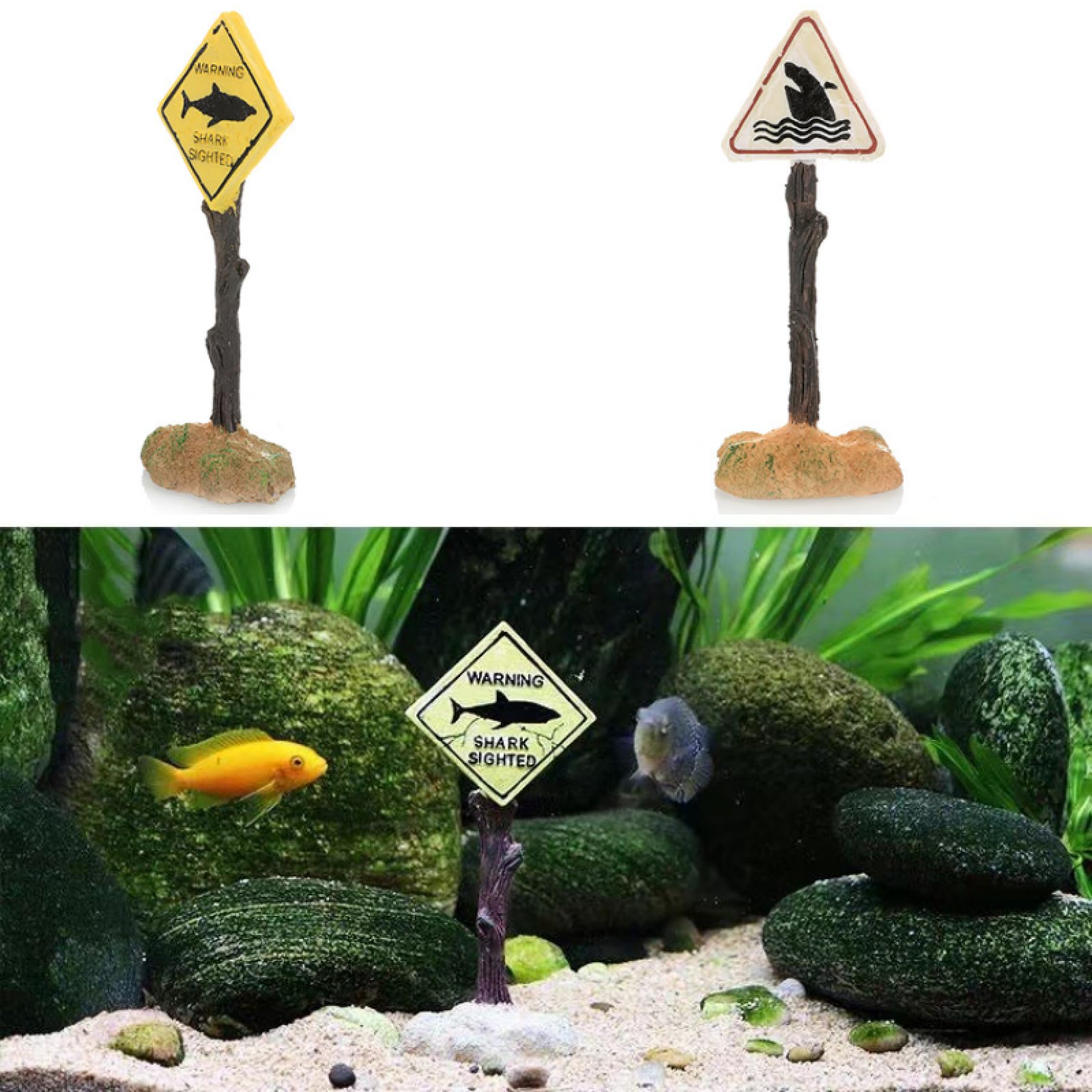 Decoraciones para acuarios, Adornos Decorativos for Acuario, señal de Advertencia de tiburón Artificial, Accesorios de paisajismo, 2 Piezas 01