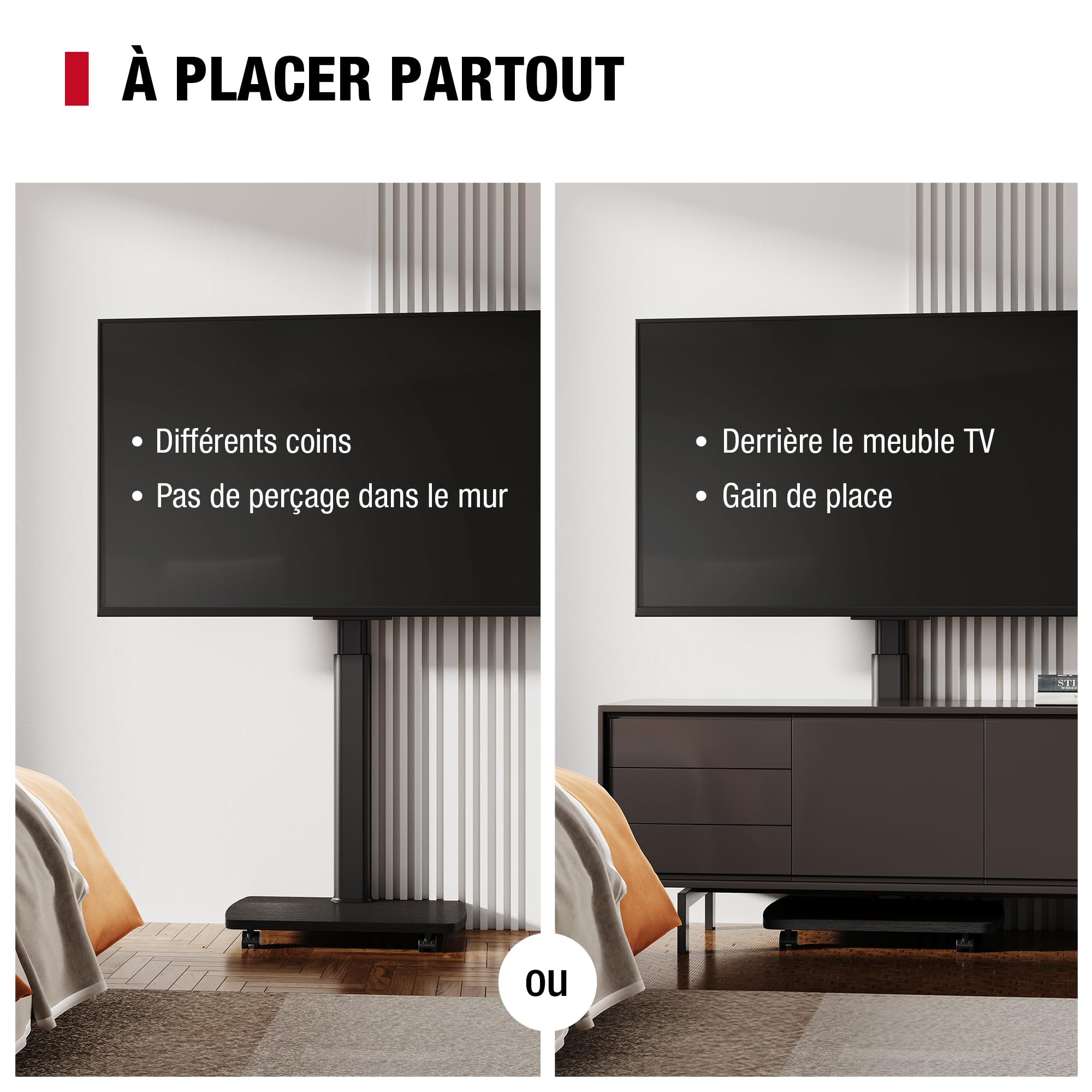 AOKCOS Support TV roulettes avec Base en Bois pour TV de 32-65 Pouces Horizontal et Vertical-Support TV sur Pied Plus Haut 1306-1626 MM Inclinaison 12° jusqu'à 35 KG Max. VESA 400x400mm