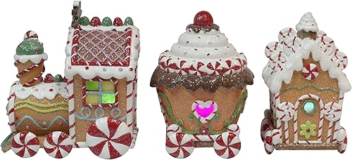 Miniatura 2 de MOMENTS IN TIME Juego de 3 trenes de jengibre con luz LED de poliresina de 6.3 pulgadas de alto (batería de celda incluida)