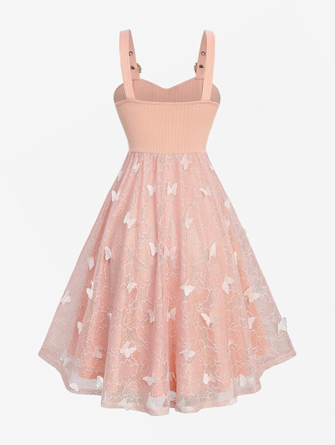 DRESSFO Women Floral Jacquard Butterfly Lace Ruched Grommets Lace-up Panel Buckles Tank Dress