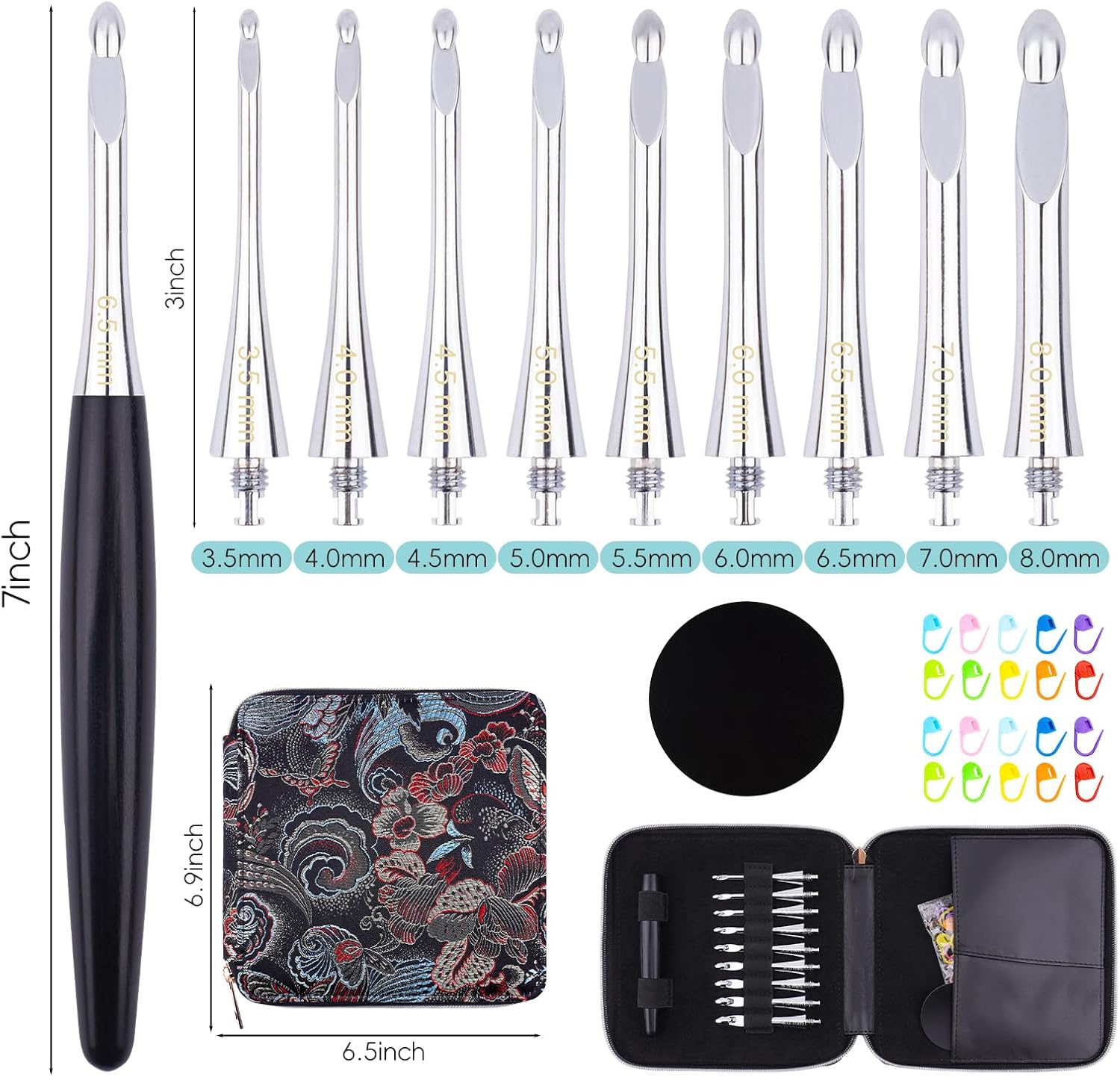 Mdoker Interchangeable Crochet Hooks Set – 9 Sizes (3.5mm‑8mm) Wooden Handle & Aluminum Hooks with Embroidered Storage Bag Inline Wooden Crochet Hook – Ideal for Knitting,Crochet & Travel