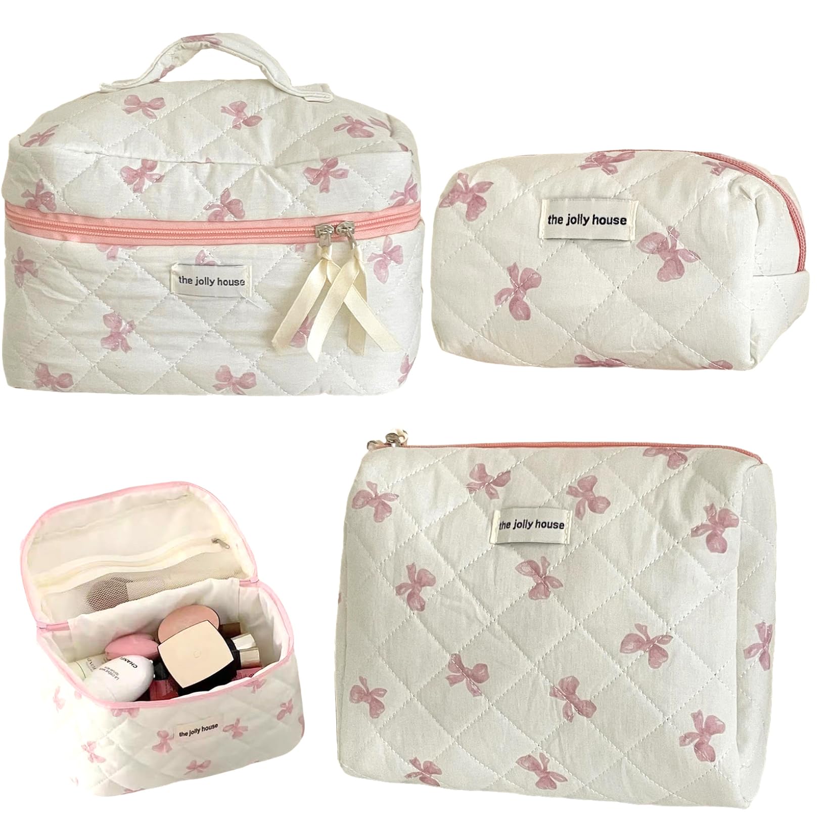 Bolsa de maquillaje acolchada de gran capacidad con lazo para organizar cosméticos con estilo 6