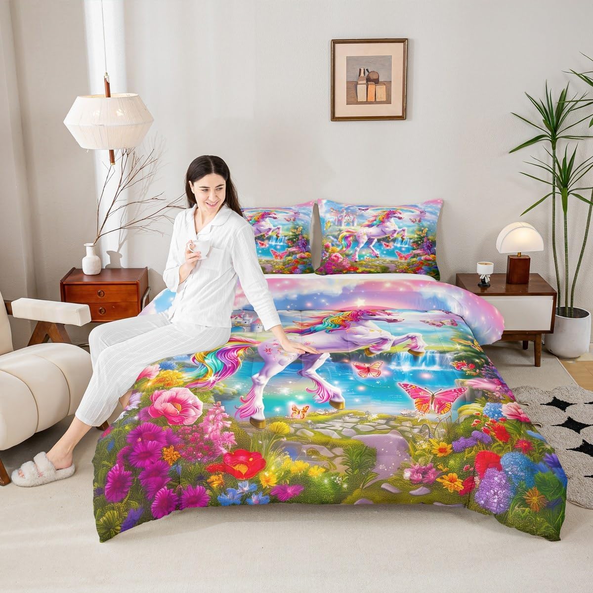 Rainbow Unicorn Full Bedding Set for Kids Adults,Girls Woman Fairy Tale Castle Comforter Bed Set,Spring Garden Floral Butterfly Quilt Set 3 PCS,Pink Sky Clouds Duvet Insert,2 Pillow Cases