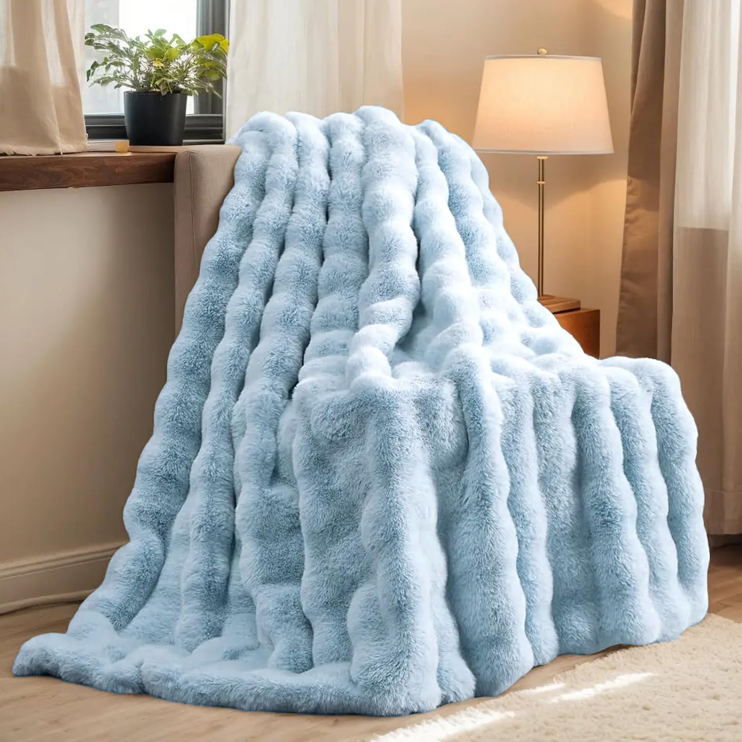 H&D Faux Fur Throw Blanket for Couch,Fluffy Cozy Soft Plush Luxury Thick Fuzzy Fleece Blanket for Couch Bed Sofa Bedroom Living Room,Comfy Bubble