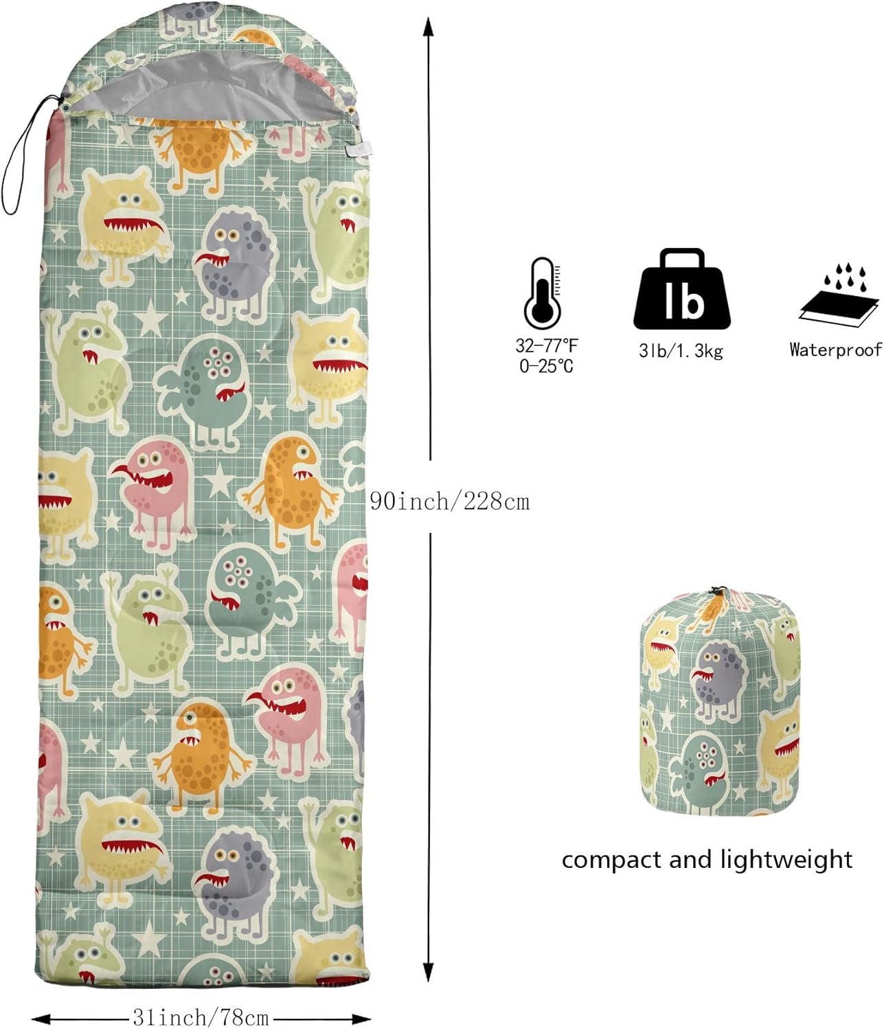 Kids Sleeping Bag for Boys Girls,Monster Alien Print-Lightweight Warm Portable Outdoor Indoor-Waterproof Cold Weather Resistant Sleeping Bag for Camping Hiking(Monster Alien)