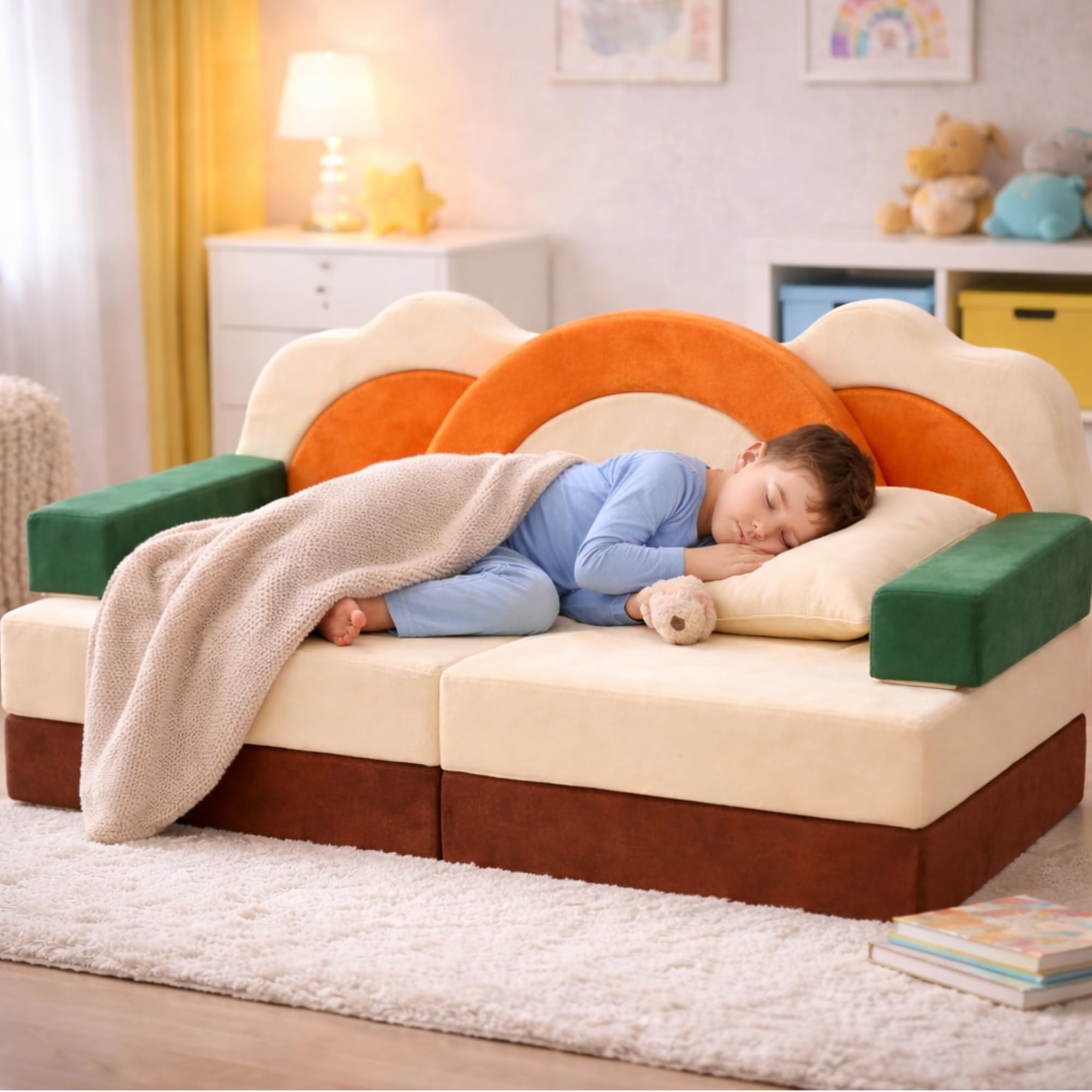 11-teiliges Kindersofa klappbar – Spielsofa modular ab 1 Jahr | Montessori Sofa in Grün & Orange | Bodensofa & Schlafsessel für Kinder