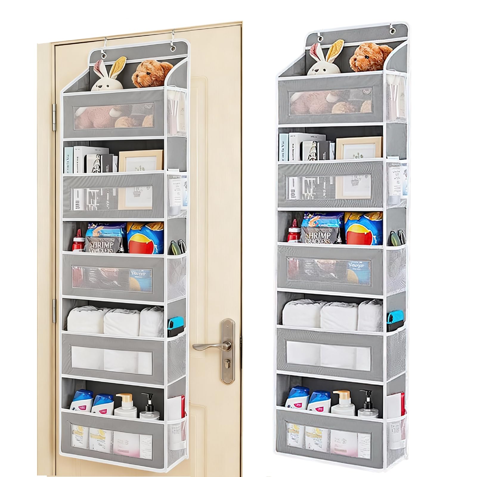 Organizador de almacenamiento sobre la puerta, organizador de puerta colgante con 5 bolsillos laterales de malla, estantes colgantes resistentes para juguetes, pañales, guardería, dormitorio