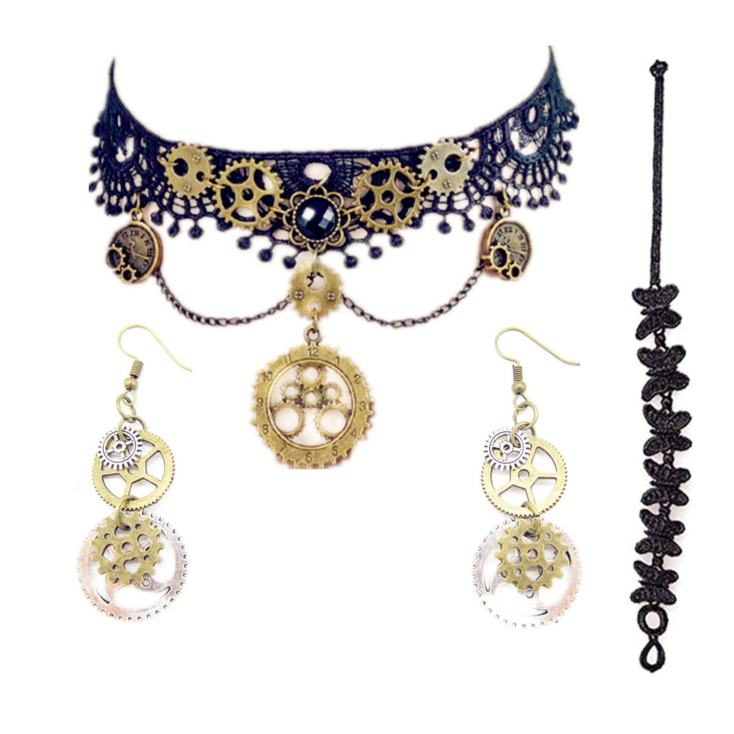 JinYuChoker Necklace and Steampunk Earrings Set for Steampunk Halloween Punk Costume Party Retro Gear Clock Cog Women Gothic Black Lace Necklaces Halloween Lolita