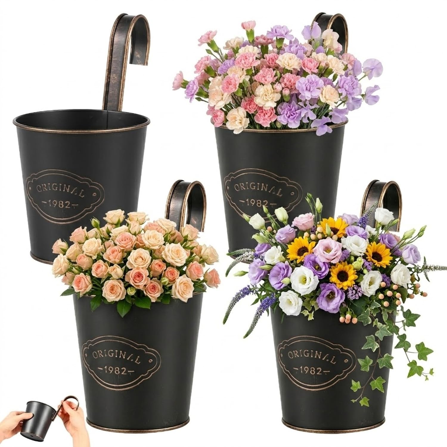 Gatphy 4Pcs Hanging Flower Pots Outdoor for Fence, Metal Hanging Plant Pots with Drainage & Detachable Hooks Decorative Railing Planter Metal Bucket Planter for Porch Railing Balcony Fence Patio