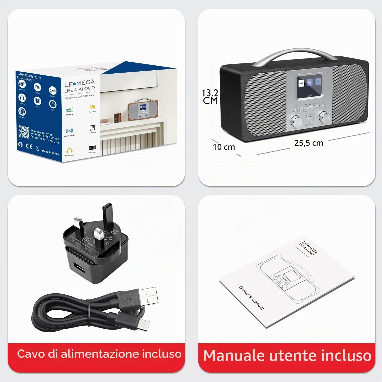 LEMEGA DR6 Radio Stereo Digitale DAB/FM,Radiosveglia con Bluetooth,Alimentazione a Batterie o Corrente,Radio DAB+ Elegante per Cucina o Camera con Struttura in Legno e Pannello Frontale in Metallo