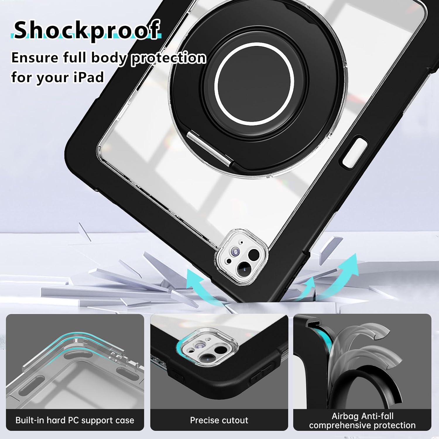 for iPad Pro 11 Inch Case (M5) 2025/ (M4) 2024 (Model: A3357,A3358,A3359,A2836/A2837/A3006), Shockproof Protective Case with 360° Rotating Kickstand/Handle,Pen Slot,HD Screen Protector (Black)