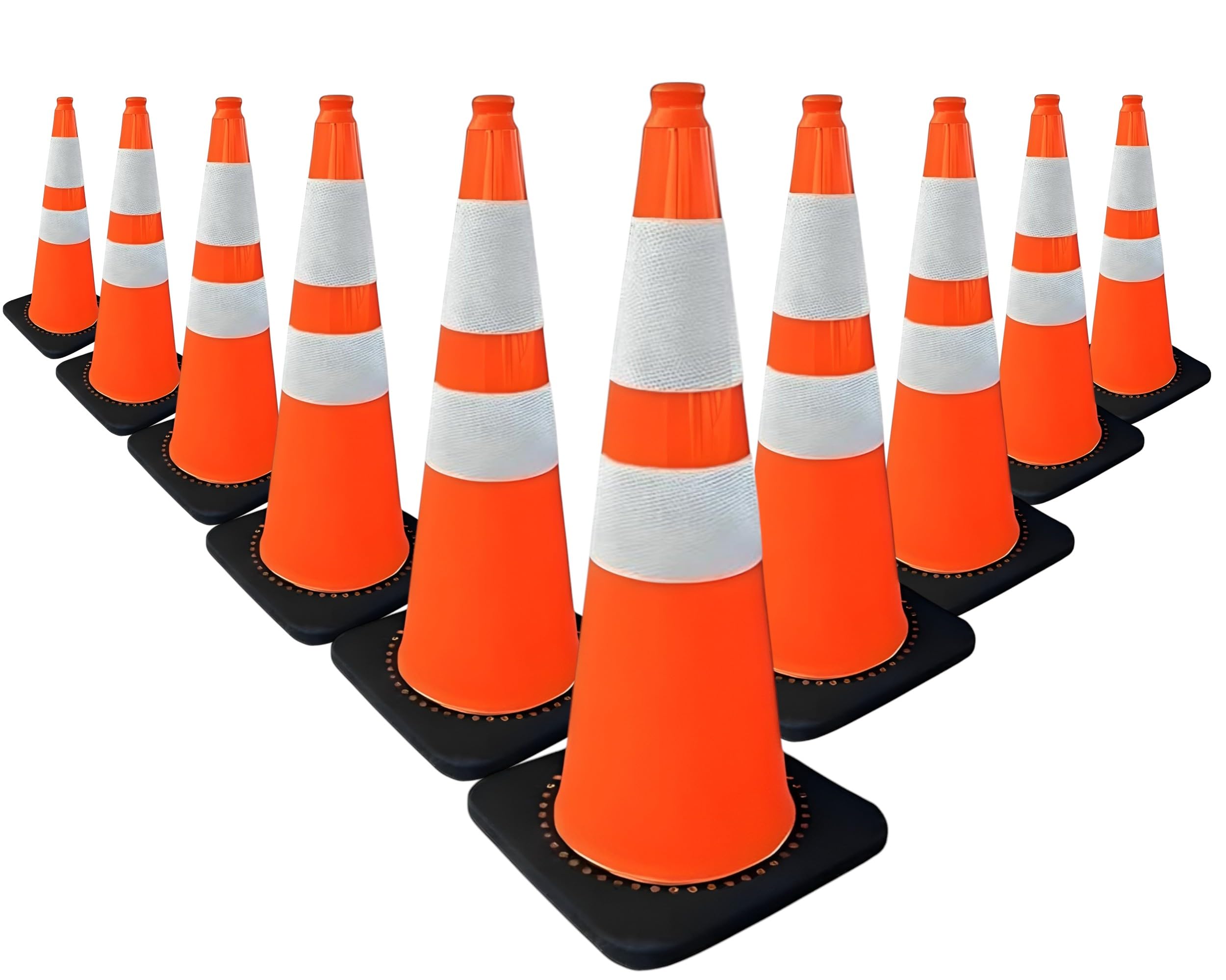 75CM Unbreakable Traffic Cone - Orange | 30 Inch Road Safety Cone with Weighted Base | High-Visibility Reflective Street Cone | Portable, Wind-Resistant Traffic Cone with Black Base - 10 Cones