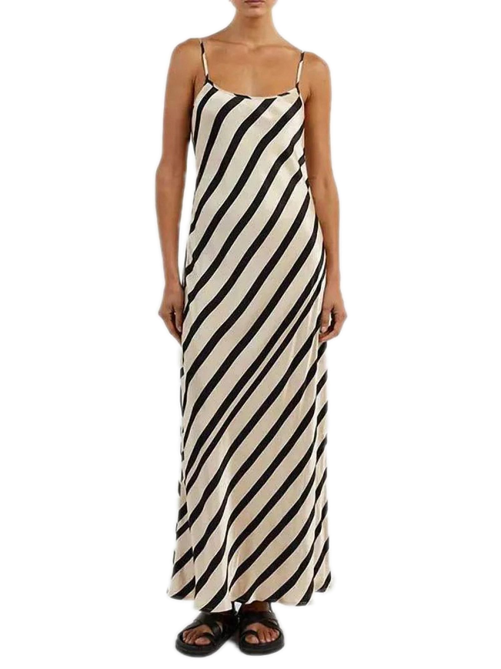 Dawery Women Printed Zebra Stripes Sexy Spaghetti Straps Slim Loose Long Dress Satin Sleeveless Backless Low Cut Halter Dress