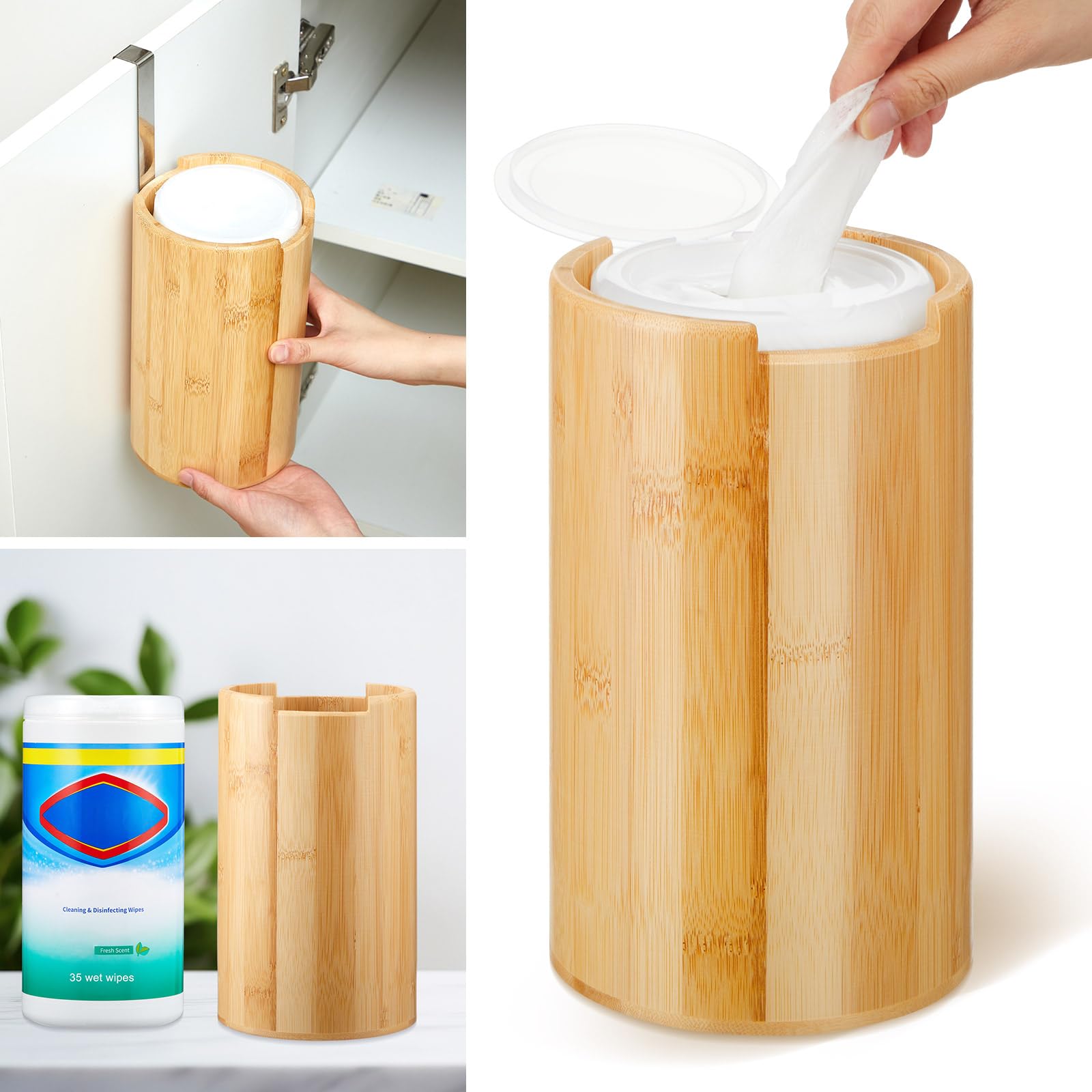 SiliFine Dispensador de toallitas desinfectantes rellenables, contenedor de toallitas desinfectantes montado en la pared, organizador decorativo de bambú para cocina, baño, oficina, aula, encimera,