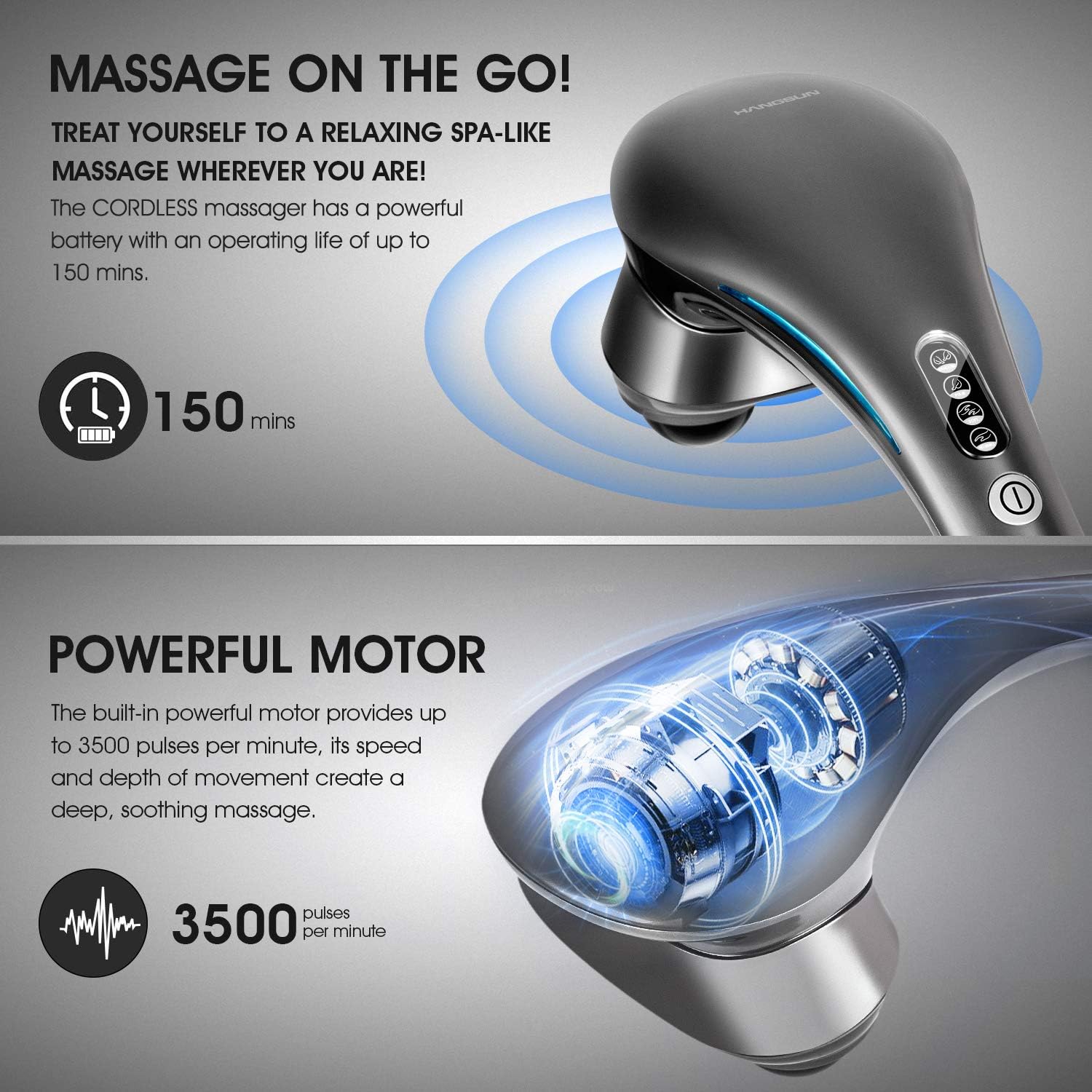 Hangsun Cordless Neck Back Masssger Handheld Deep Tissue Percussion Massage for Shoulder, Leg, Calf, Foot, Muscle Pain Relief MG700 Rechargeable Electric Double Head Full Body Massagers