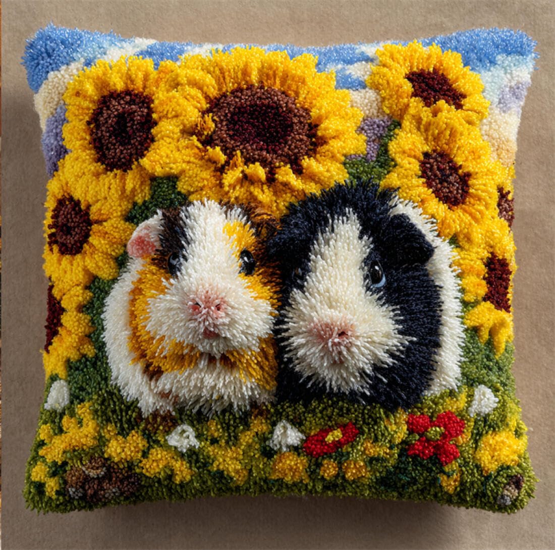 Kitquiver Animal Cushion Making Kit Cartoon Guinea Pig DIY Latch Hook Kits Pillow Needlepoint Cushion Kit for Home Décor Needlework Set for Adult Beginners 17x17In