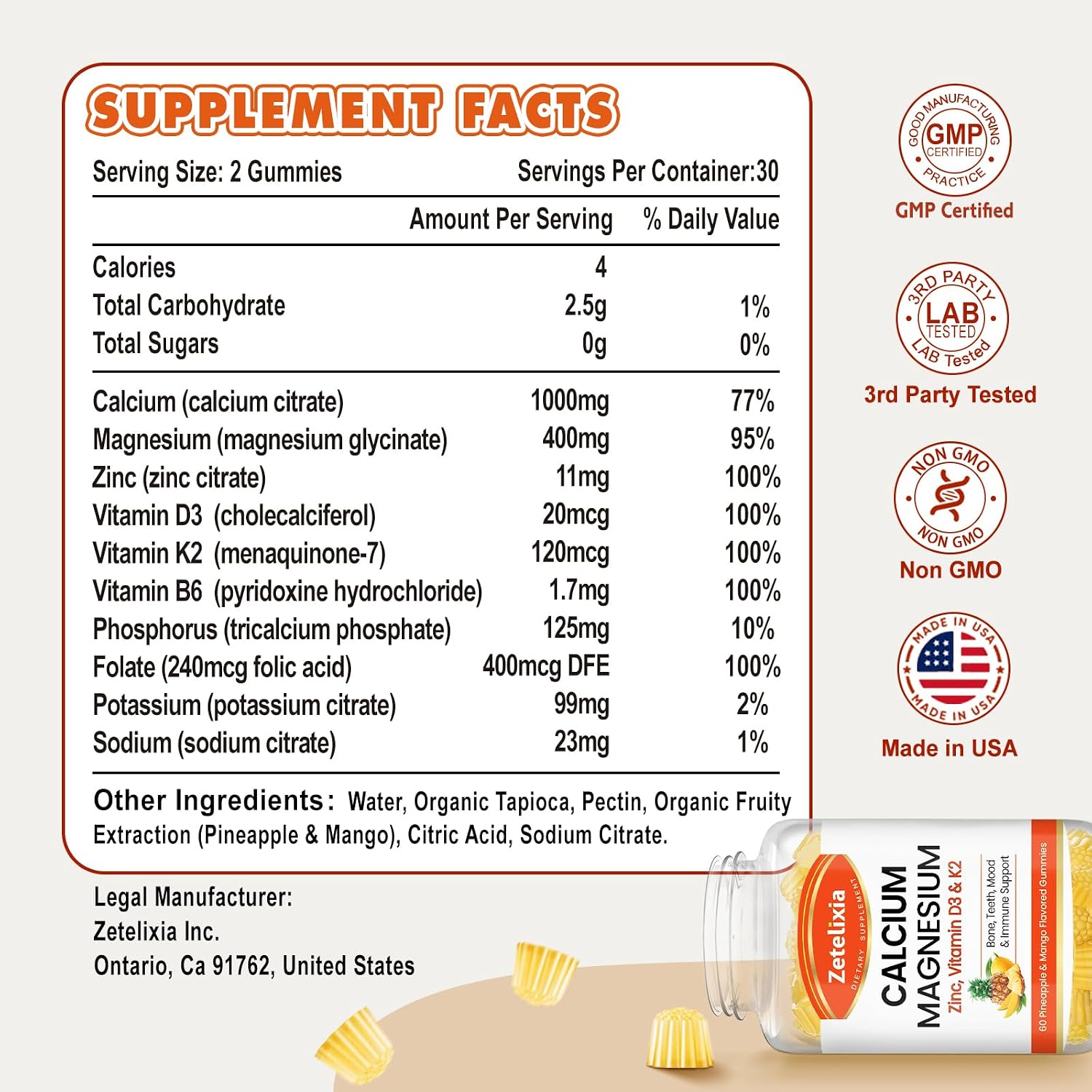 Calcium Gummies for Women Men, Calcium Magnesium Zinc with Vitamin D3 & K2, Calcium Magnesium Supplement for B0nes Muscles, Pineapple & Mango Flavor - 120 Count