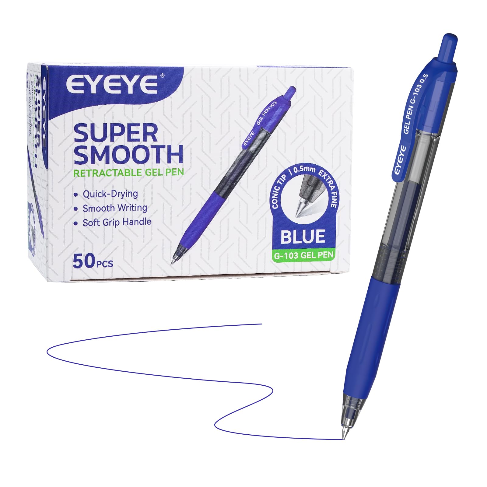 EYEYE G-103 Retractable Gel Pen 0.5mm, 50 Pack Extra Fine Point Blue Ink Pens Quick Drying, Ballpoint Pen Fine Point Smooth Writing Pens for Office & Back to School Supplies