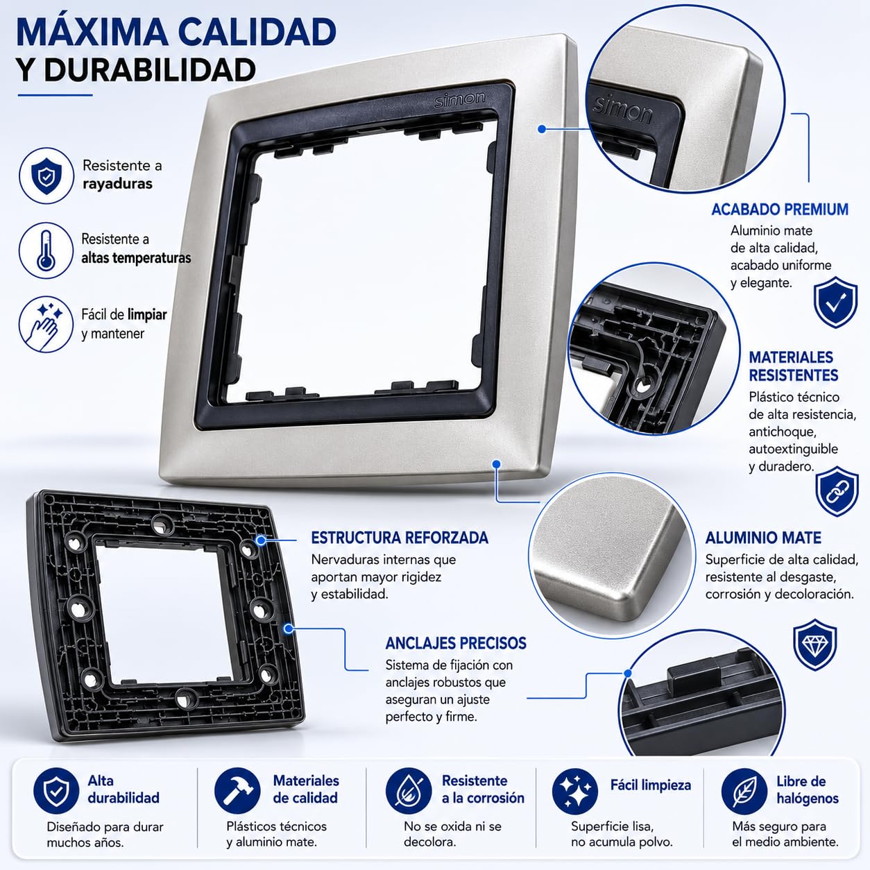 CABLEPELADO Marco compacto para 1 elementos Simon 82 | Marco de 1 elementos y bastidores | ‎82814-33 | Apto para superficie y empotrar | Dimensiones: 89x87 mm | Color Aluminio mate