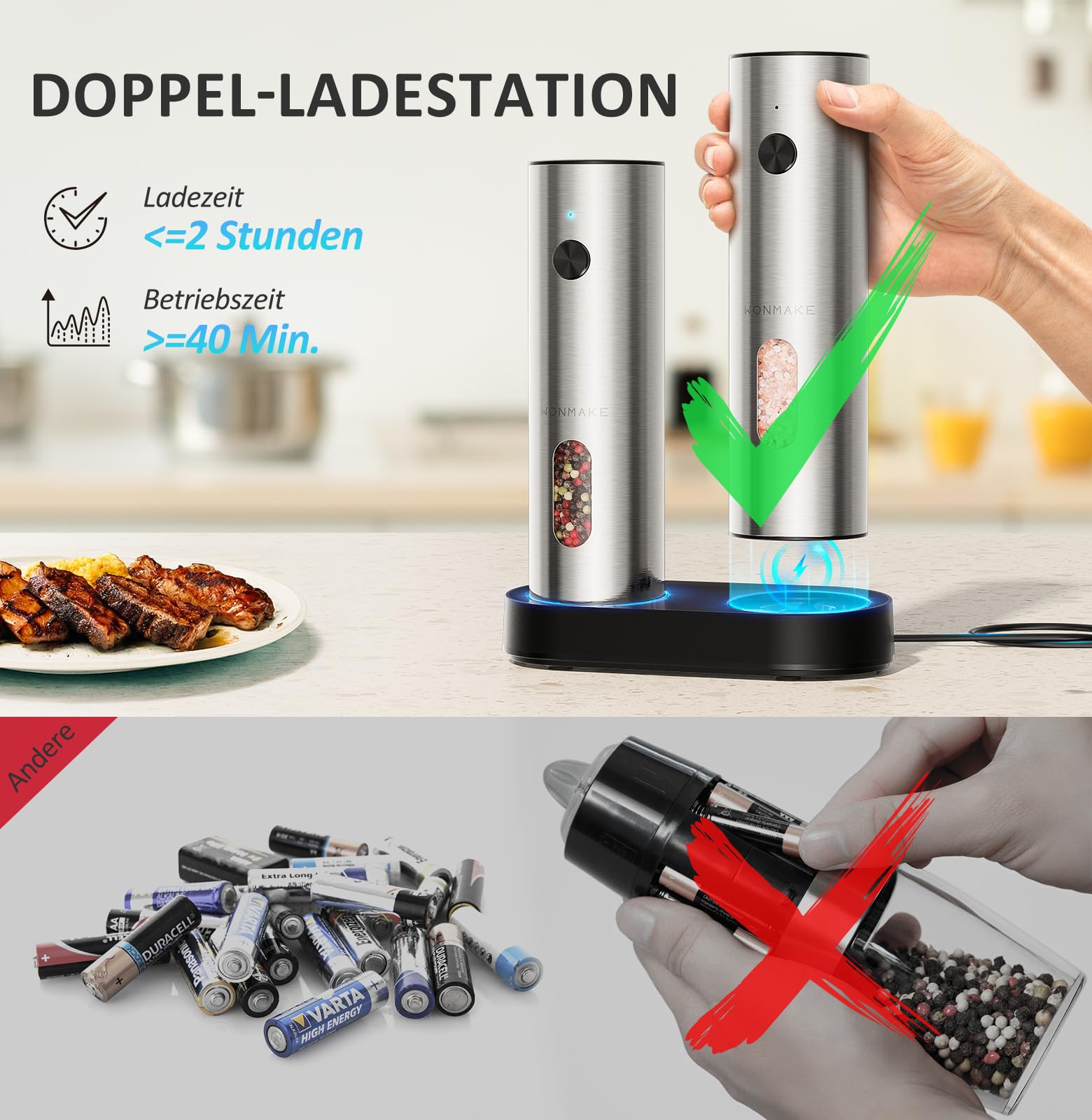 Set macinapepe elettrico - Saliera e pepe ricaricabile in acciaio inox con doppia stazione di ricarica USB-C, grande capacità, grado di macinazione regolabile, luce LED, idea regalo