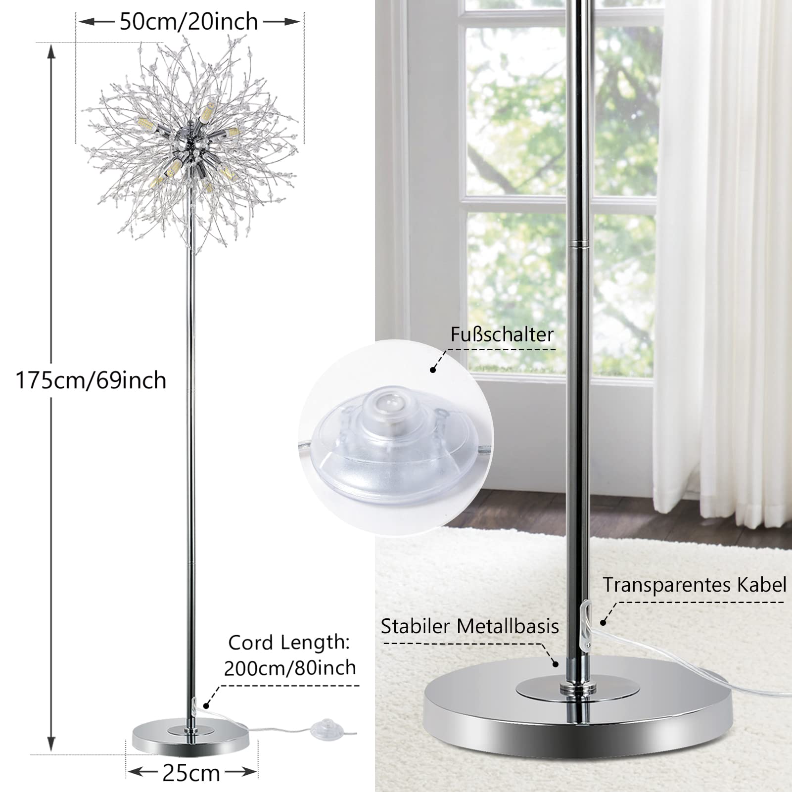 Lampada da terra moderna in cristallo Rayofly, cromata con fuochi d'artificio con interruttore a pedale,G9 a 8 luci, in vetro metallico