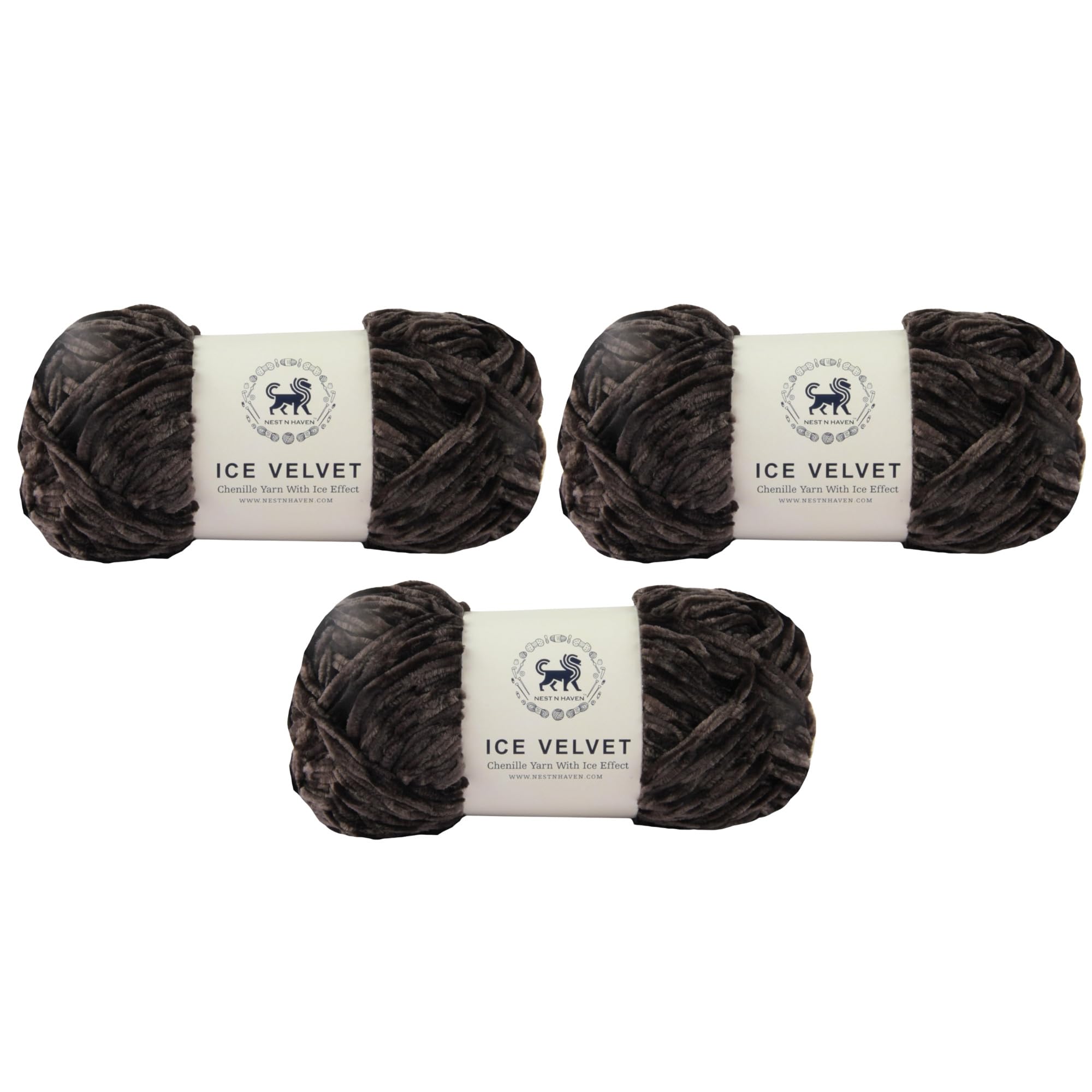 NESTNHAVEN, Ice Velvet, Chenille Yarn Supersoft Hand Knitting Wool Ball, (1 Ball/100 Gram Each) Ball Suitable for Craft, Babywear, Baby Blankets, 4 Medium, Shade no - NNHIV (Charcoal) | (300 Gram)