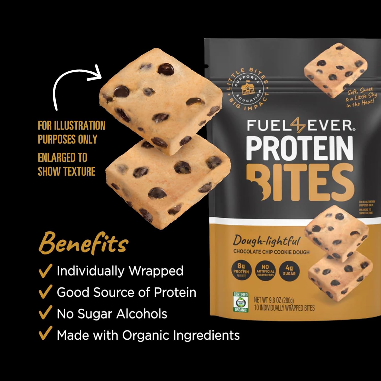 Fuel4Ever Protein Bites Chocolate Chip Cookie Dough | 8 G Protein Each | Certified Organic | 10 Individually Wrapped Bites