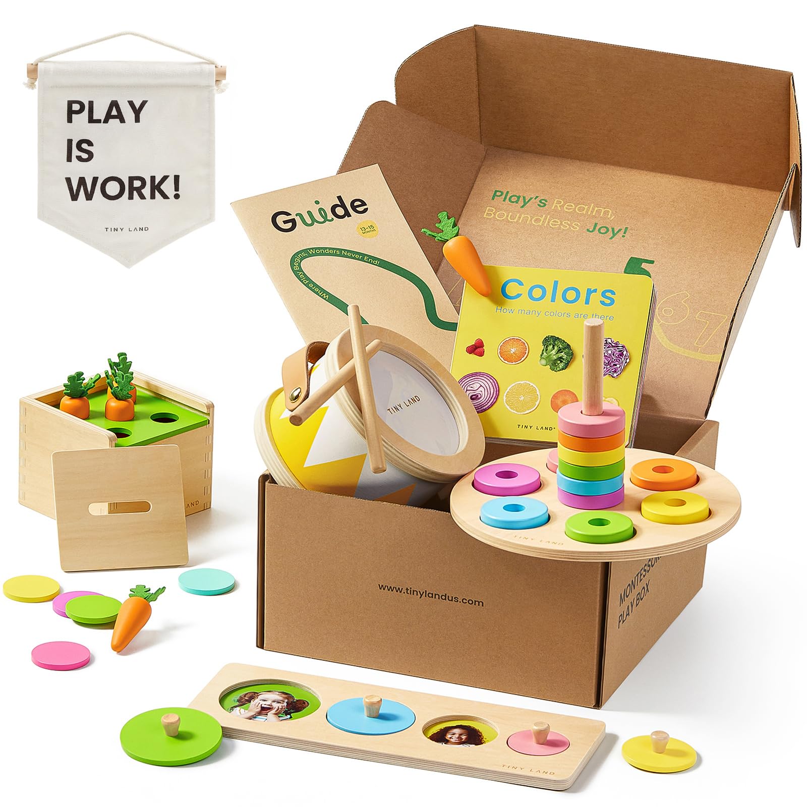 Tiny Land Montessori Toy Set for Babies Aged 13-15 Months. Explorer Playset - Baby Drum, Carrot Harvest and Coin Boxes, Stacking and Colour Adjuster, Size Matching Puzzle