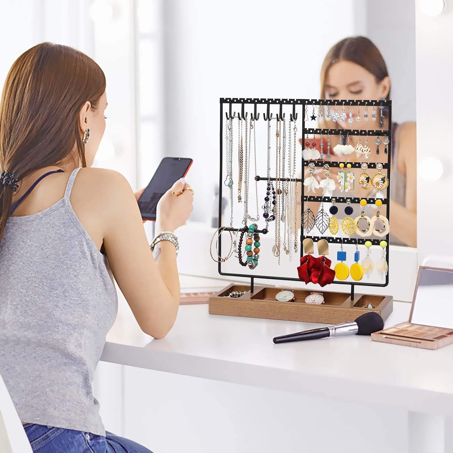 X-cosrack Earring Holder,5-Tier Ear Stud Holder with Wooden Tray,Jewelry Organizer Holder for Earrings Necklaces Bracelets Watches and Rings,Earring Display Stand with 132 Holes,Black : Clothing, Shoes & Jewelry