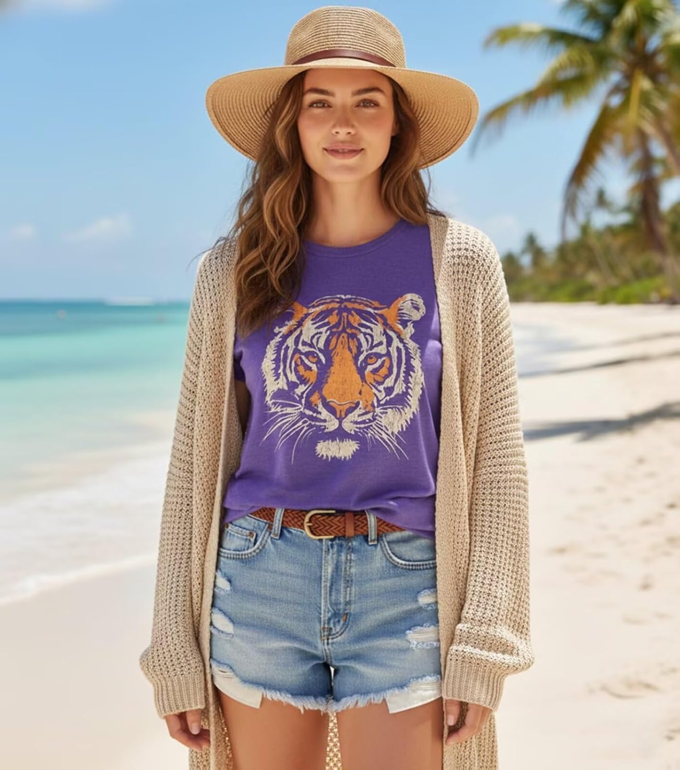 Tiger Printed T-Shirt Women Cute Animal Tiger Face Graphic Novelty Casual Comfort Crewneck Short Sleeve Tops - Image 4