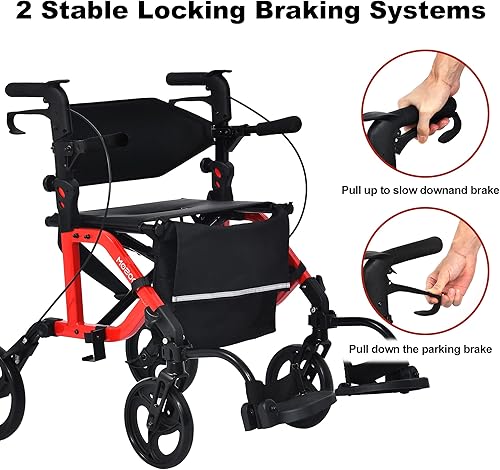 Miniatura 3 de Andador con ruedas 2 en 1 y silla de transporte, silla de ruedas plegable, ayuda para caminar con cinturón de seguridad, reposapiés desmontables