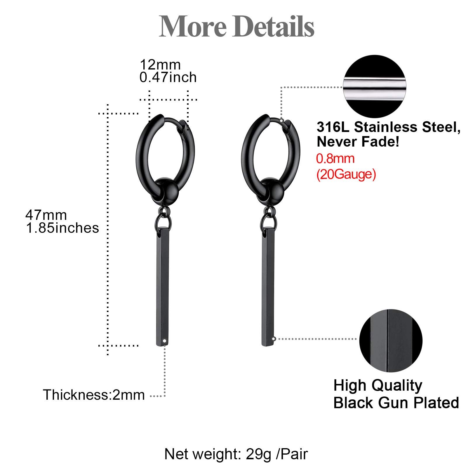 FOCALOOK Orecchini Uomo Cerchio Acciaio Inossidabile, Orecchini Acciaio Chirurgico Argento/Nero/Oro, Orecchino Uomo Piccoli Pendenti Lunghi Tondi Confezione Regalo