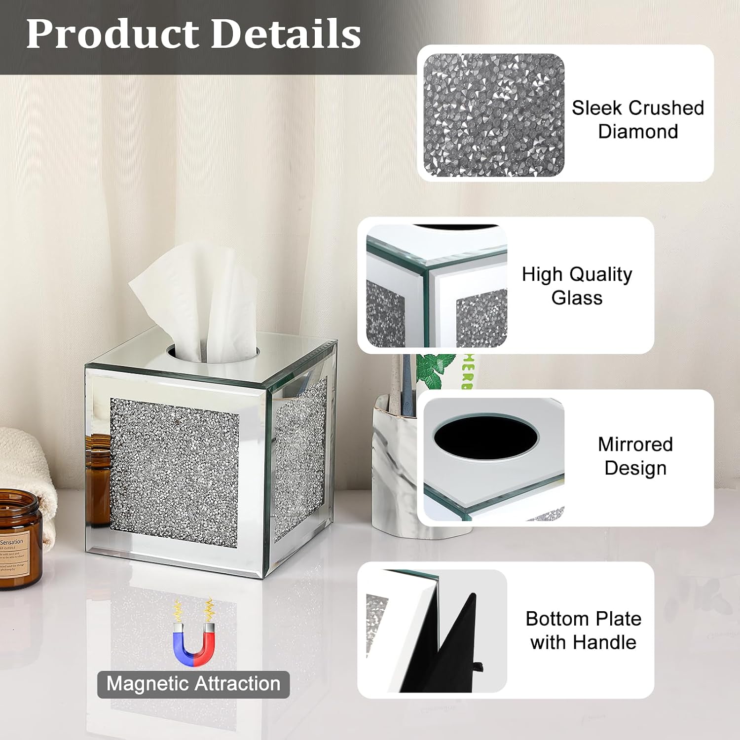 Sumnacon Crystal Square Tissue Box Cover, Silver Glass Cube Tissue Box Holder, Decorative Facial Tissue Holders Dispenser for Bathroom Vanity Dresser Night Stand Table Countertop Office Home Decor