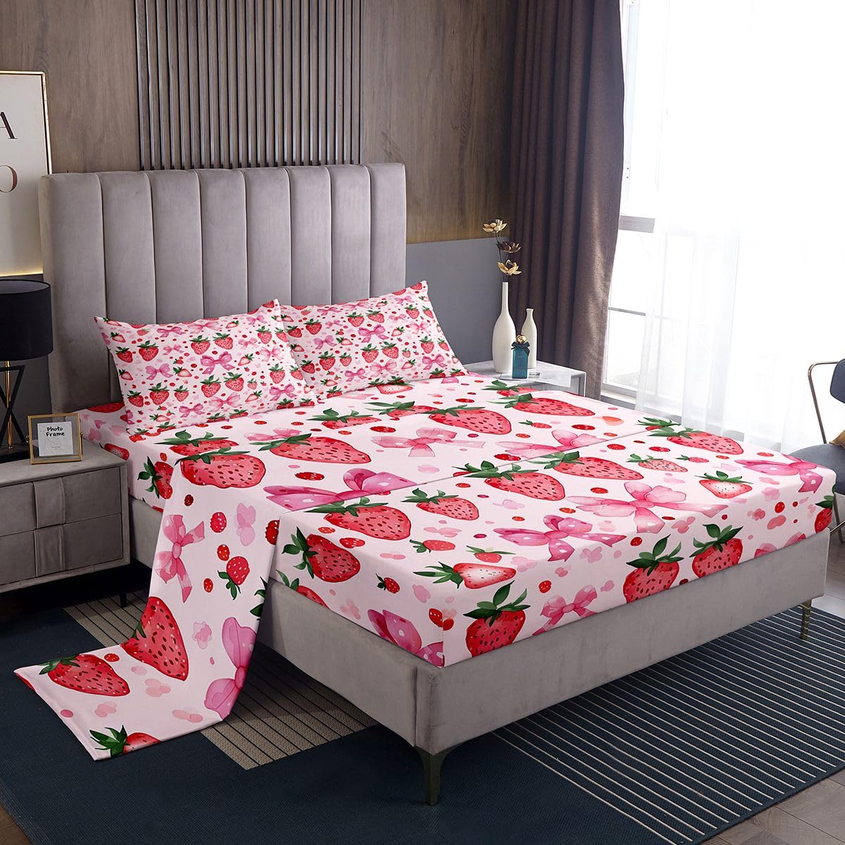 jejeloiu Bow Bed Sheets Set Full Size Strawberry Bed Set for Kids Boys Girls Cute Bowknot Deep Pocket Fitted Sheet Kawaii Breathable Soft Lightweight Microfiber Red Pink