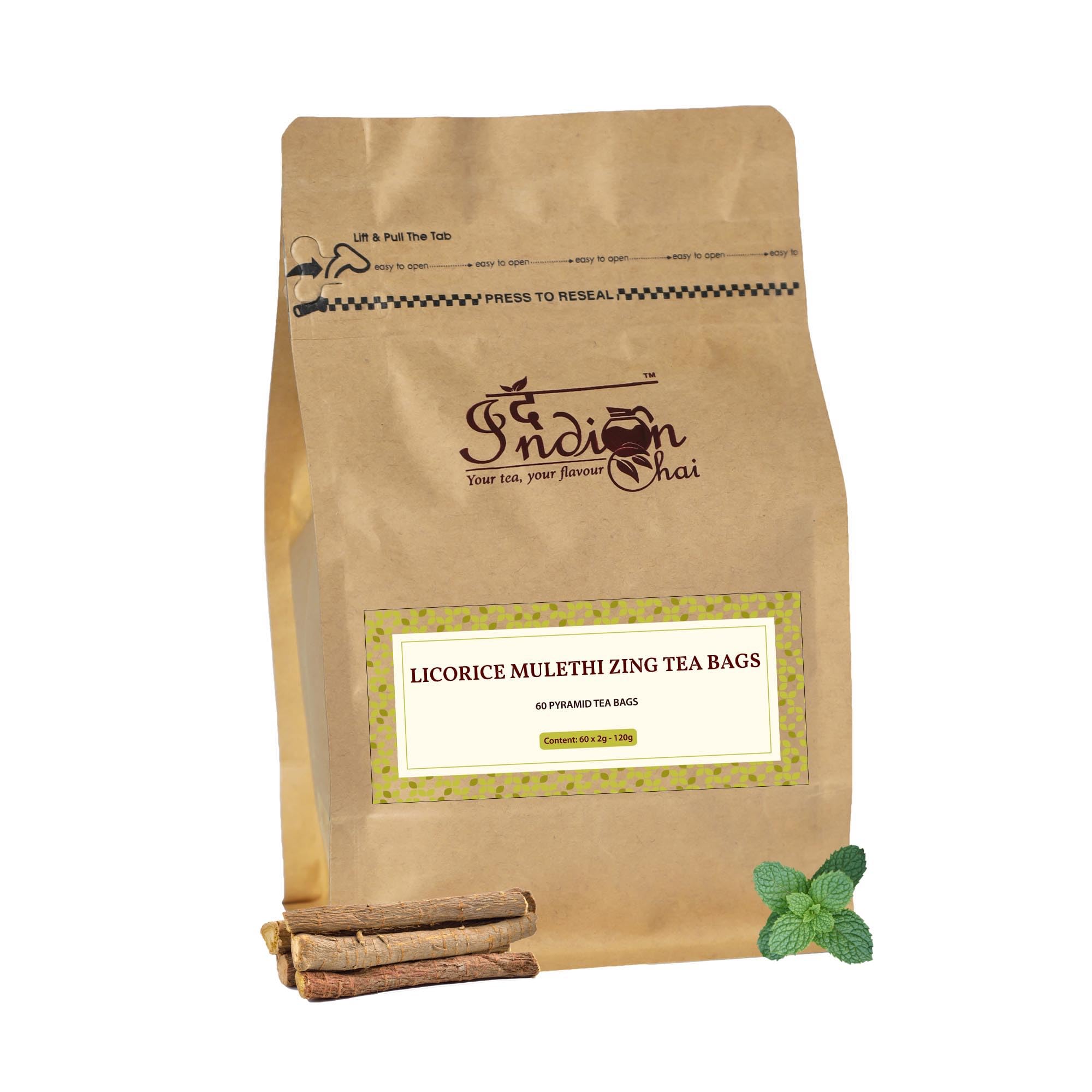 The Indian Chai - Licorice Mulethi Zing Tea 60 Pyramid Tea Bags | 60 Cups Bulk Pack | with Mulethi & Spearmint | for Immunity and Stress