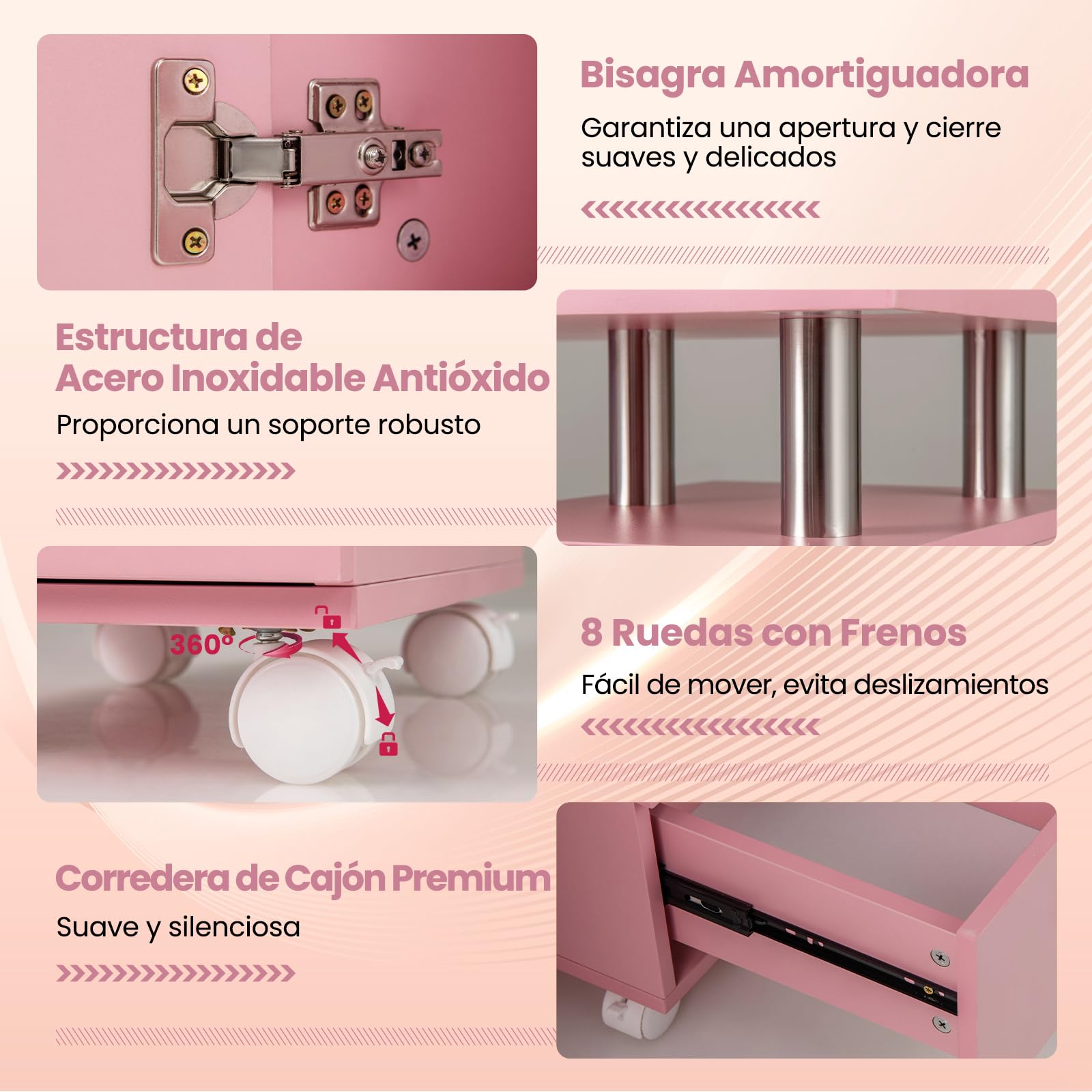COSTWAY Mesa de Manicura con Aspirador Eléctrico, 3 Bolsas para Polvo, Reposamuñecas, 6 Cajones, Mesa para Uñas con 8 Ruedas, Mesa Manicura Profesional para Salones de Belleza, 108x45x76 cm (Rosa)