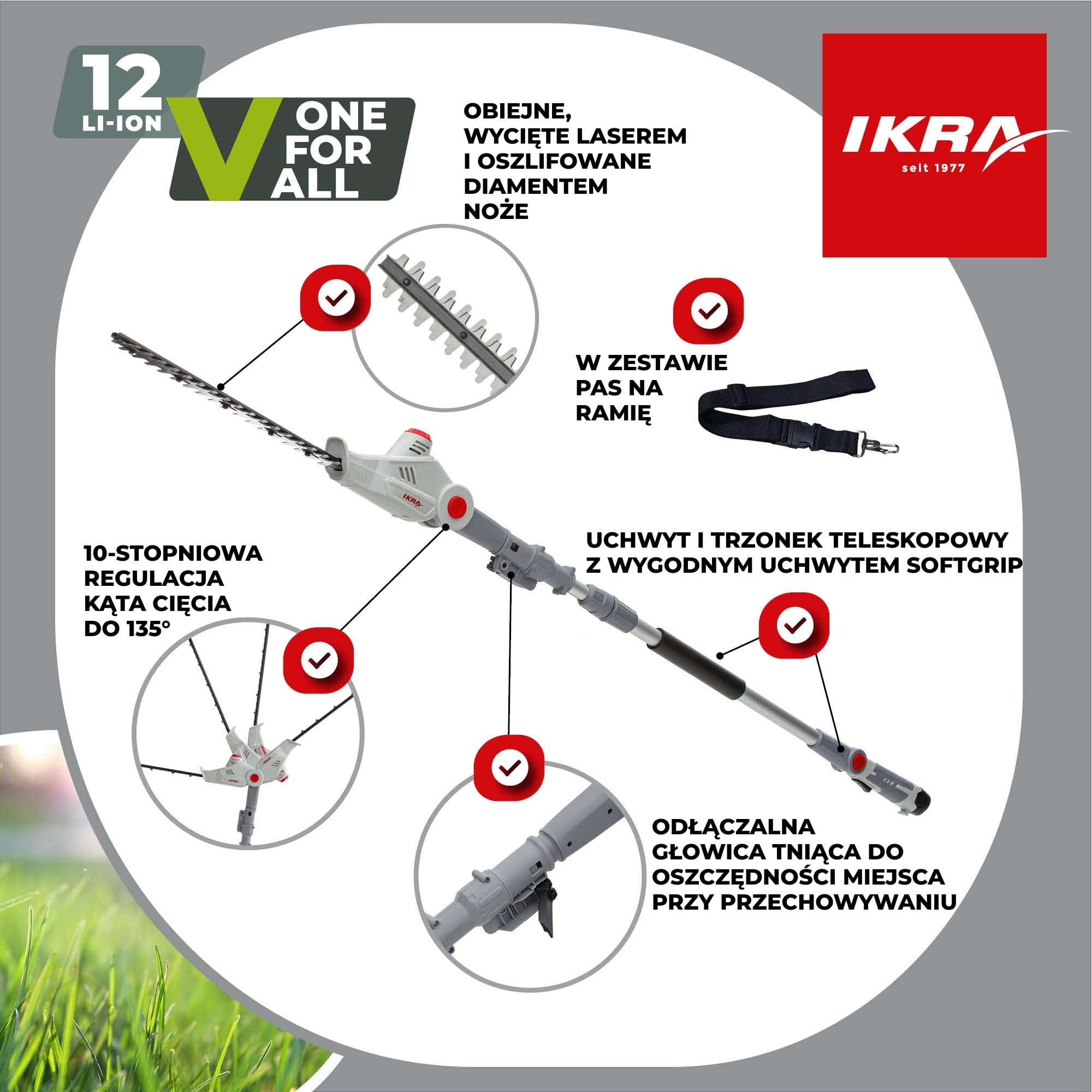 IKRA Nożyce do żywopłotu IATHS 1241 teleskopowe z aku, ładowarką, okularami | Regulowany teleskop 1,80–2,35 m,długość cięcia 41 cm, kąt do 135°, kompatybilny z akumulatorami IKRA 12 V