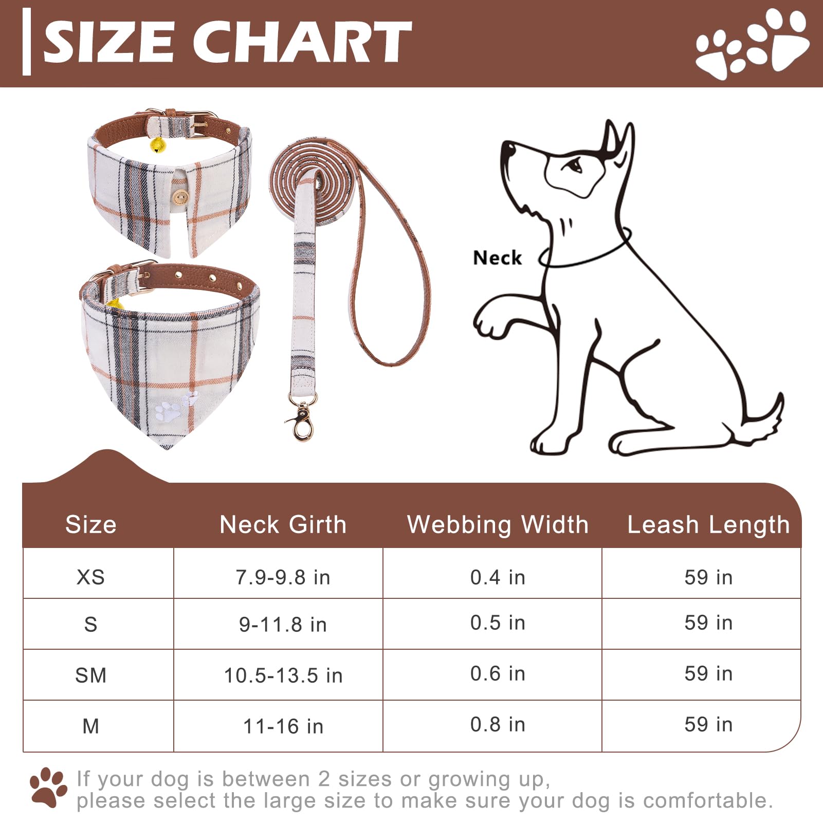 EXPAWLORER Dog Collar and Lead Set, Plaid Puppy Collar and Lead Embroidery Pawprint, Cute Pet Bandana Neck Decor with Bell - Image 2