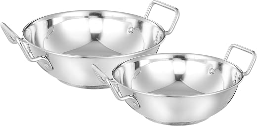 Amazon Brand - Solimo Stainless Steel Induction Bottom Kadhai Set size 22 cm, 27 cm (2 pieces, 2 Liters, and 3.6 Liters)