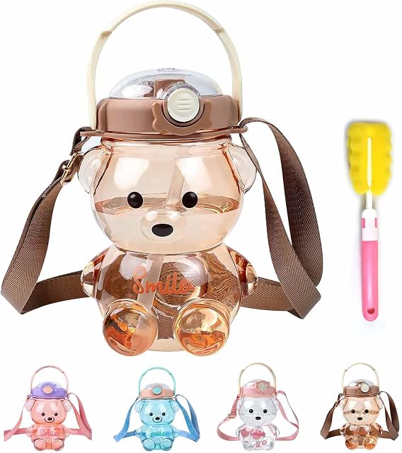 Chagoo Teddy Bear Water Bottle, Bear Water Bottle, Kawaii Bear Straw Bottle With Straw And Carrying Loop, Adjustable Removable Shoulder Strap For Girls School Outdoor Travel (Khaki/1000ml)