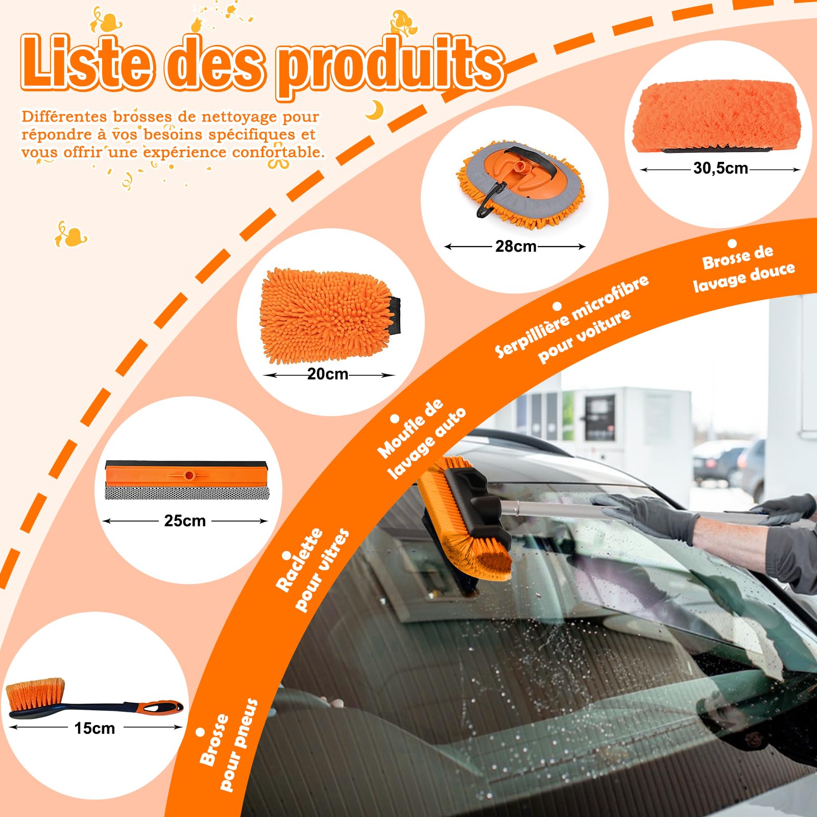LAANPOLE Brosse Nettoyage Voiture avec Perche Telescopique 3,6m, Brosse Lavage Voiture avec Brosse Douce, Serpillière en Microfibre, Raclette Vitre, Gant, Brosse Jantes pour Camping-Car, Camion