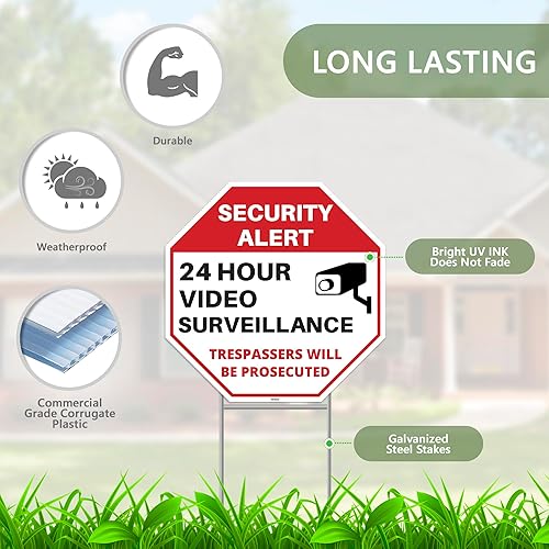 Miniatura 2 de 2 carteles de videovigilancia de 24 horas con estacas, 13 x 13 pulgadas, plástico corrugado, señales de no pasar para el hogar, patio al aire libre,