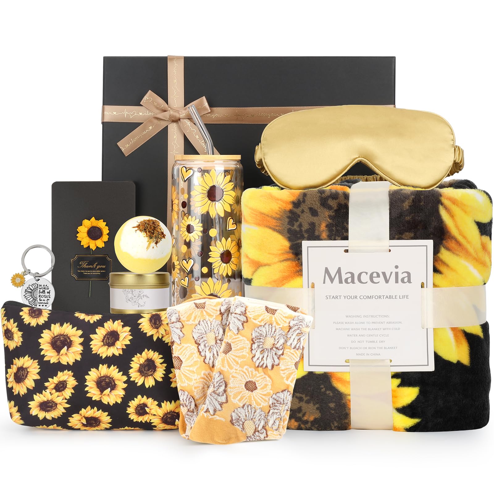 Macevia Sunflower Gifts for Women, Unique Inspirational Spa Get Well Soon Christmas Gift Box Thinking of You Basket Birthday Gift Set For Mom, Best