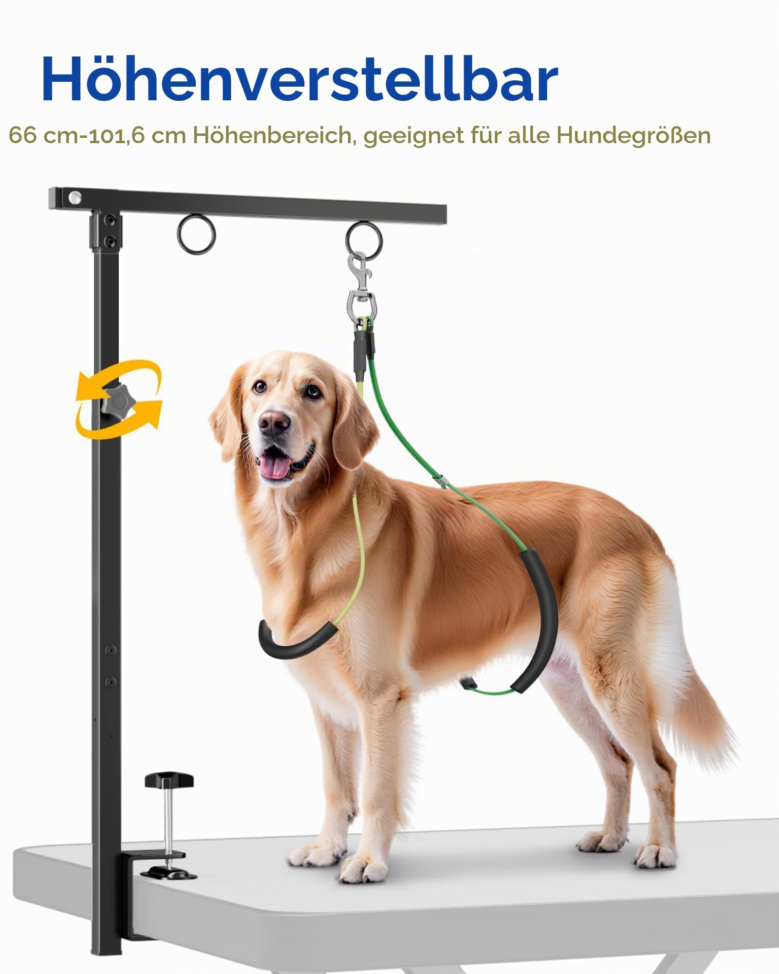Hundepflege-Halterung für den Tisch - Fellpflegearm für Hunde – Höhenverstellbar 66-102 cm – Inkl. Pflege-Hängematte & Anti-Sitz-Gurt – Stabiler Trimmarm für Hundepflege, Baden & Scheren