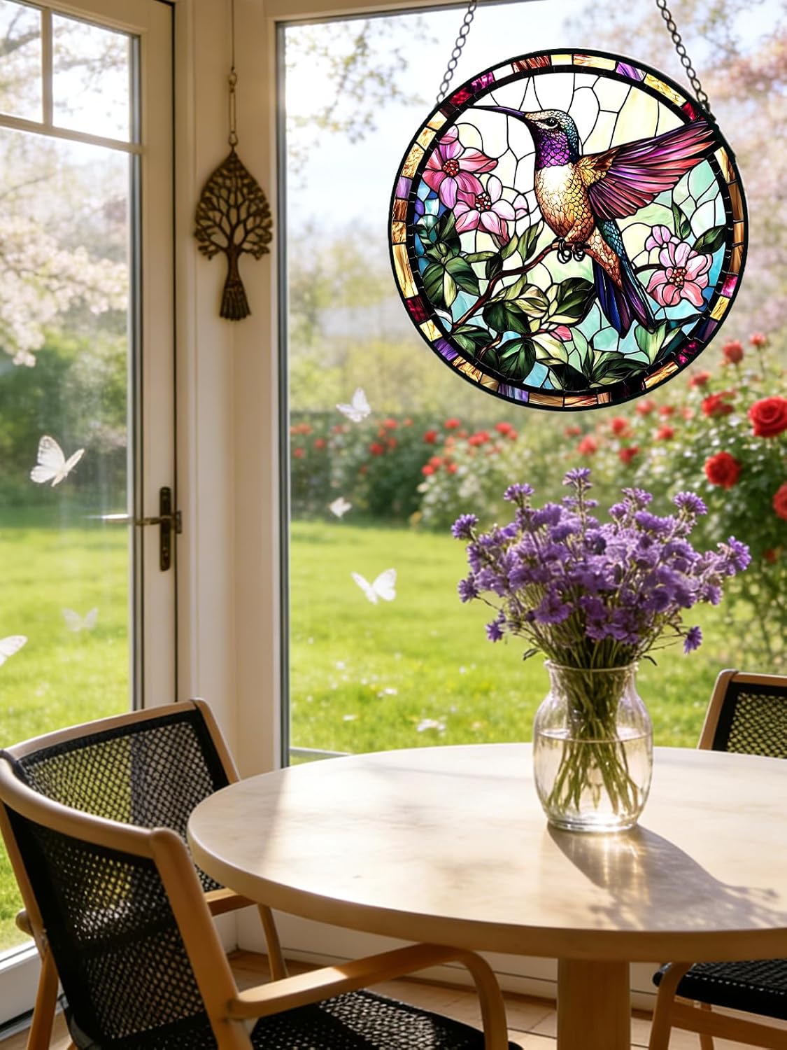 Stained Glass Window Hanging, Hummingbird Suncatcher for Door Home Decor, Birds Flowers Sun Catcher Ornament Mother's Day Birthday Gifts for Bird Lovers Women Men Mom 6.3 in - Image 7