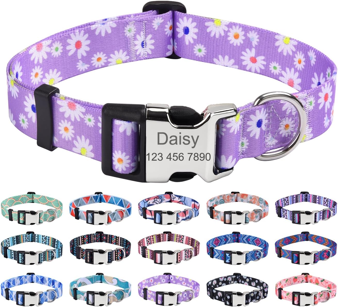 Personalized Dog Collars, Customized Dog Collar with Name and Phone Number, Multiple Patterns & 4 Sizes Floral Geometry Dog Collar for Puppy Small Medium Large Dogs(Purple Daisy,S)