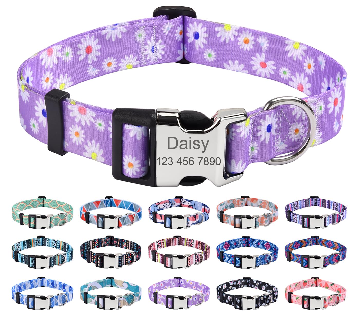Mihqy Personalized Dog Collars, Customized Dog Collar with Name and Phone Number, Multiple Patterns & 4 Sizes Floral Geometry Dog Collar for Puppy