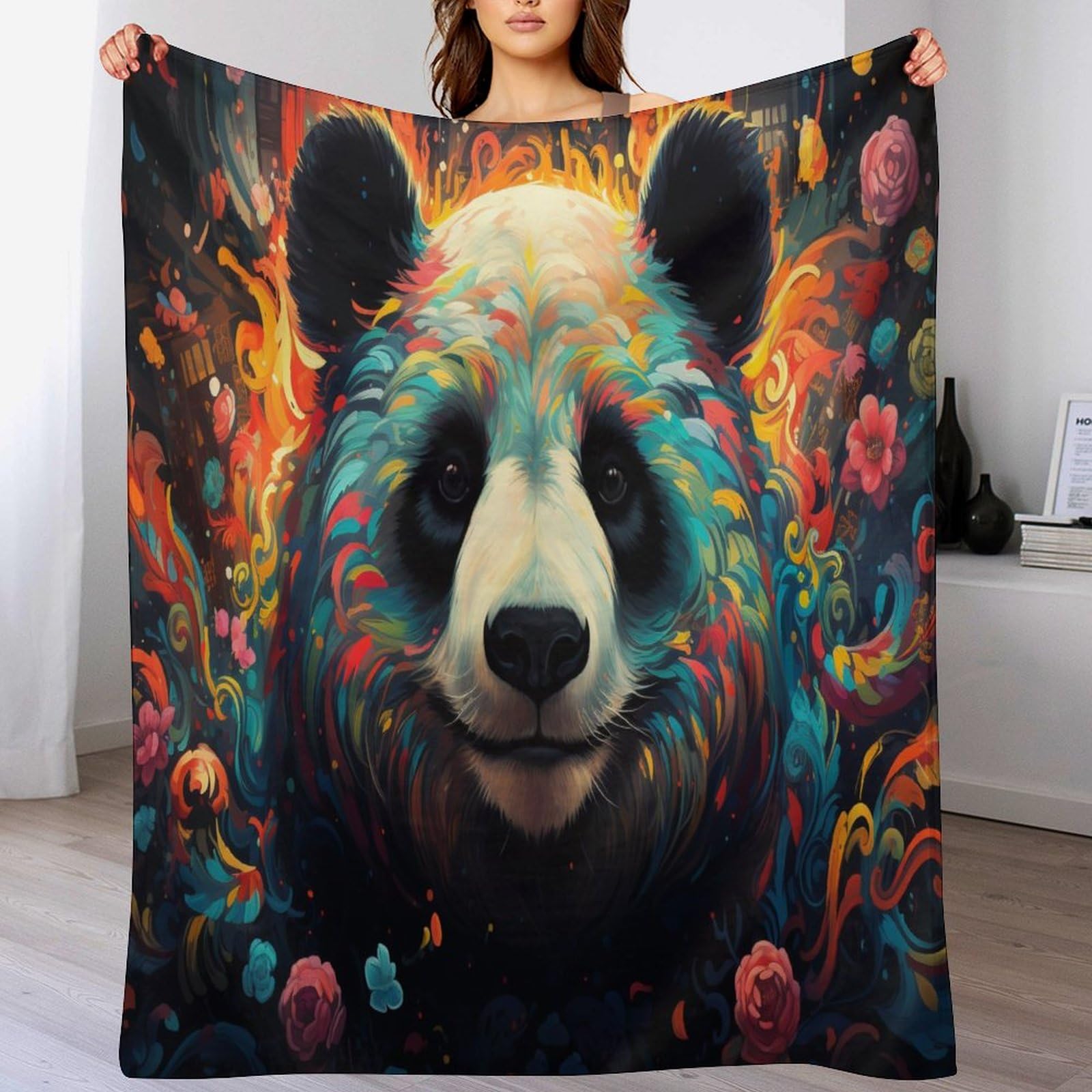 Couverture flanelle panda 150x200cm contre le froid sur le lit et canapé